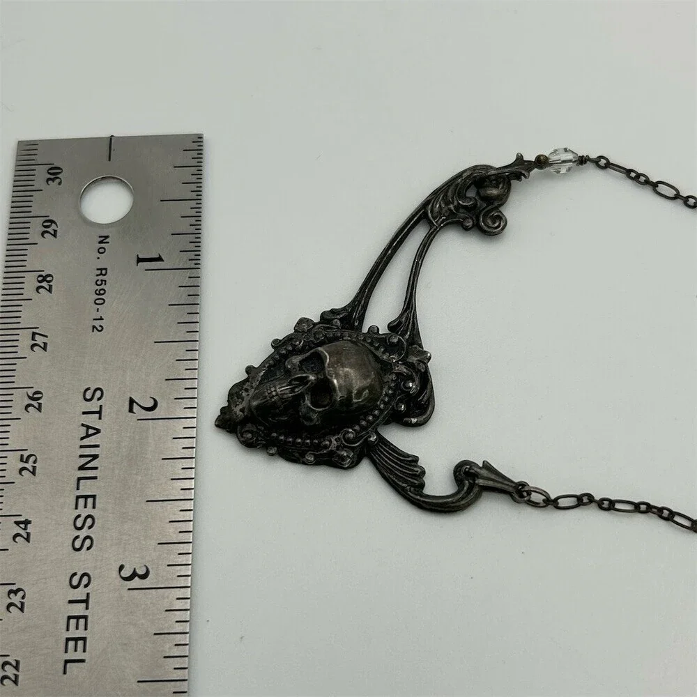 Gothic Skull Pendant Necklace Dark Romantic Victorian Style Statement 19 inches - Picture 9 of 11